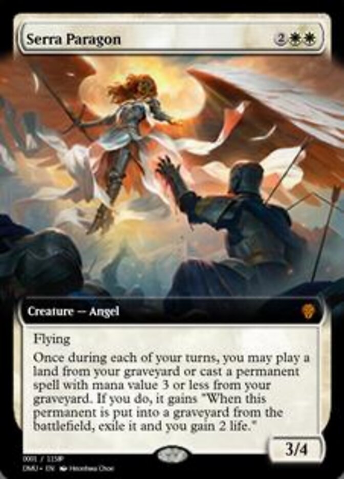 Serra Paragon
 Flying
Once during each of your turns, you may play a land from your graveyard or cast a permanent spell with mana value 3 or less from your graveyard. If you do, it gains "When this permanent is put into a graveyard from the battlefield, exile it and you gain 2 life."